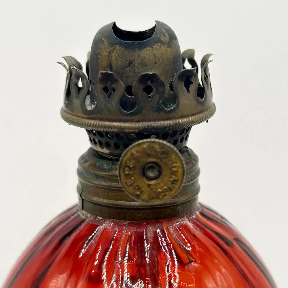 Antique Victorian Amberina Applied Leaf Footed Mini Oil Lamp Art Glass Base 1800
